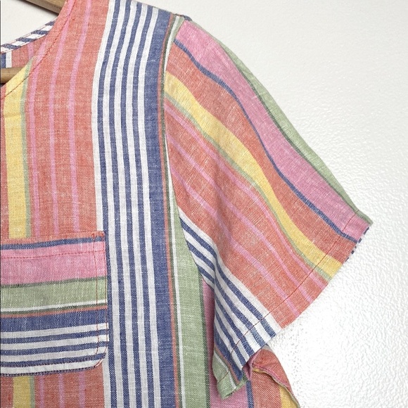 C&C California Rainbow Stripe Linen Blouse Colorful Short Sleeve Top Size M - Picture 3 of 8